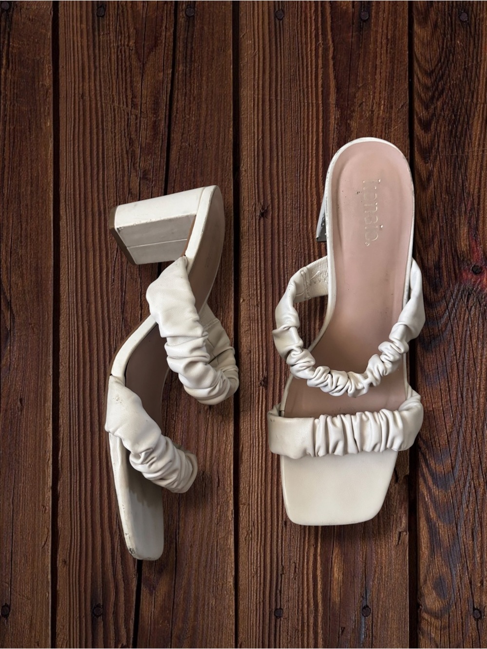 Kensie Cream Ruched Double-Strap Block Heel Sandals